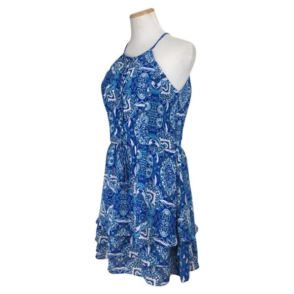 PARKER Dress Blue Floral Ruffles Spaghetti Straps Lace Up Front Women's Medium - Picture 5 of 5